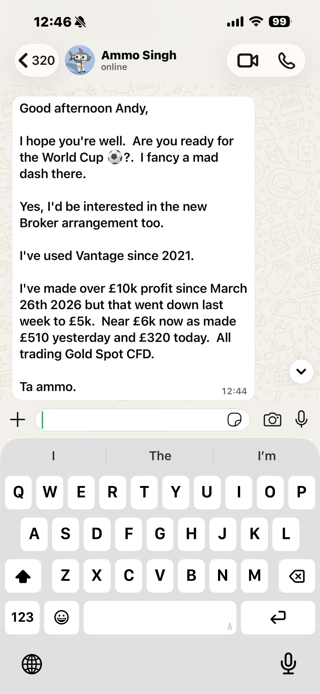 Member sharing a profit notification from a Gold Spot CFD position