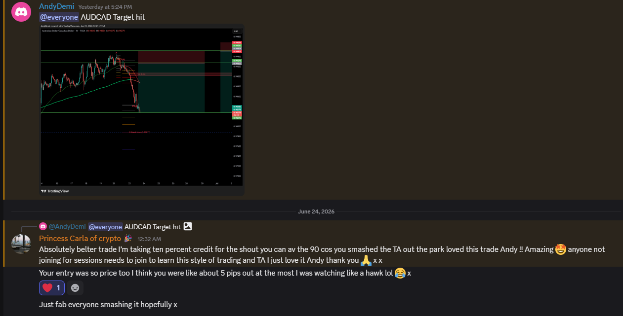 Discord feedback after an AUDCAD position hit its profit target