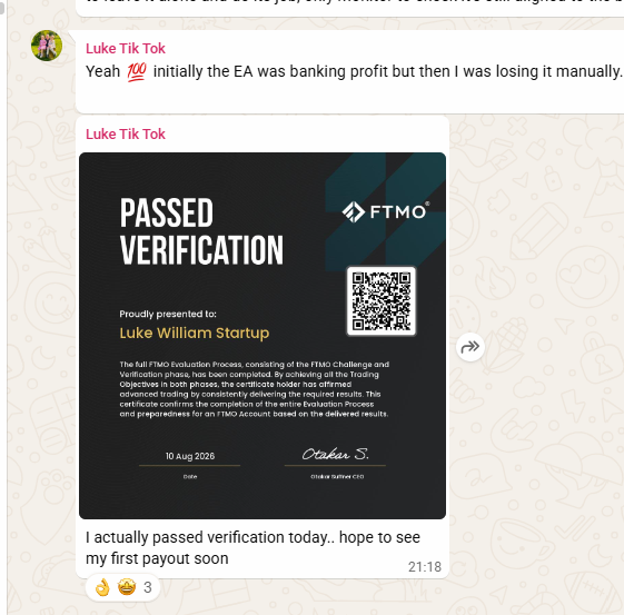 Luke's FTMO Verification passed confirmation