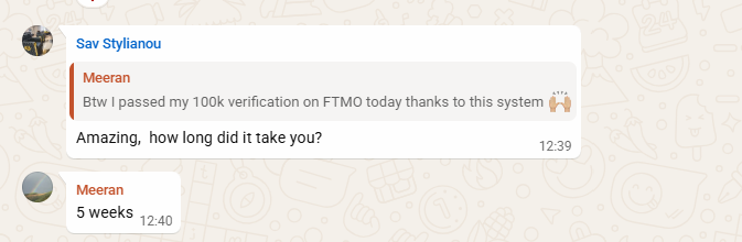 Meeran confirming that his 100k FTMO verification took five weeks