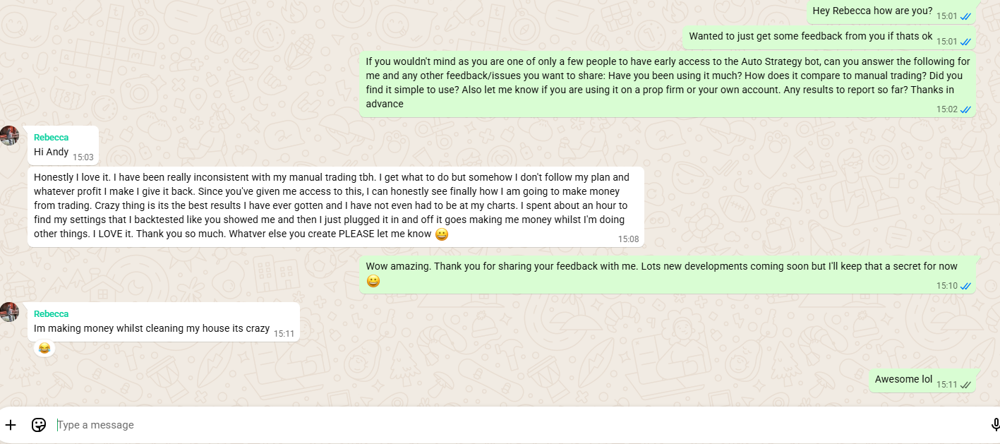 WhatsApp message from Rebecca describing her experience with the automated strategy