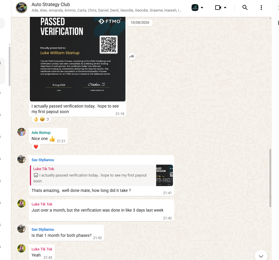 Luke confirming he passed FTMO verification